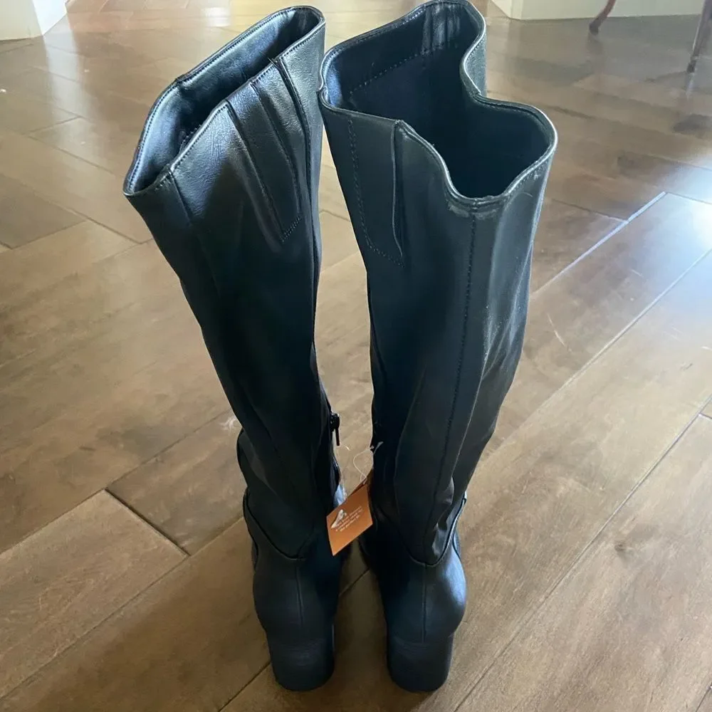 Zodiac Riona Knee High Black Boot, Stacked Heel, Sz 11 Wide Calf